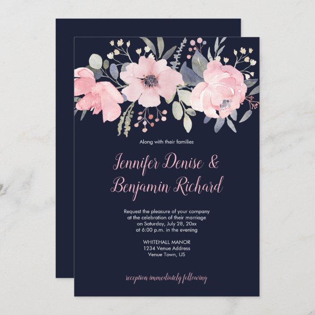 Blush Pink Floral Header on Navy Wedding | Invitation (Front/Back)