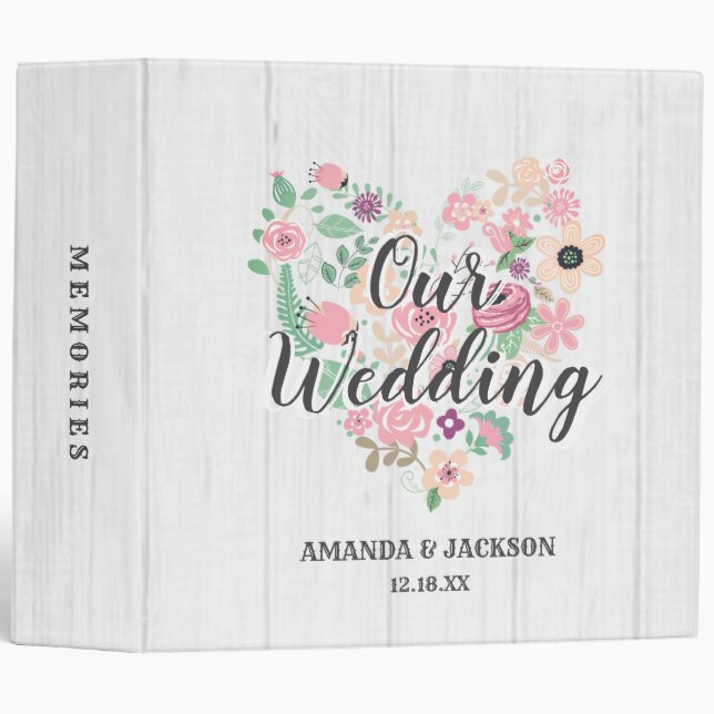 Blush Pink Floral Heart Modern Wedding Photo Album Binder (Front/Spine)