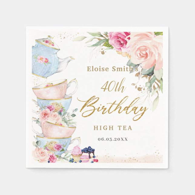 Blush Pink Floral High Tea Party Birthday Napkin (Front)