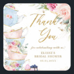 Blush Pink Floral High Tea Party Bridal Shower  Square Sticker<br><div class="desc">Co-ordinate your party with these chic blush pink floral tea party sticker labels. Featuring a pretty teapot, tea cups, scrumptious desserts, beautiful watercolor blush pink roses and dainty green and gold foliage. Personalize it with your details easily and quickly, simply press the customise it button to further re-arrange and format...</div>