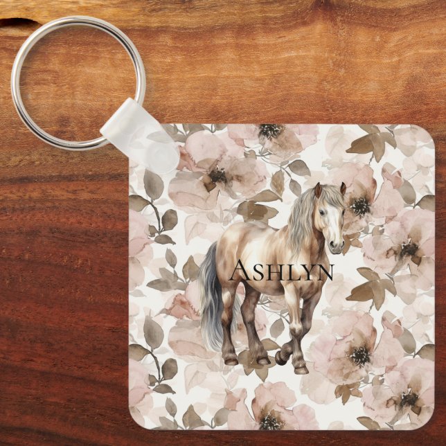 Blush Pink Floral Horse Keychain (Front)