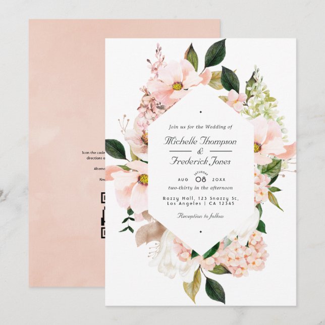 Blush Pink Floral Hydrangeas QR Code RSVP Wedding Invitation (Front/Back)