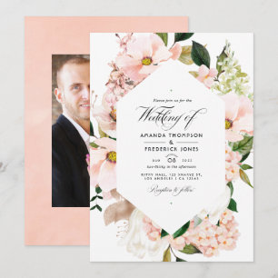 Blush Pink Floral Hydrangeas Wedding Photo Invitation