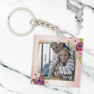 Blush Pink Floral I Love My Nana Photo Keychain