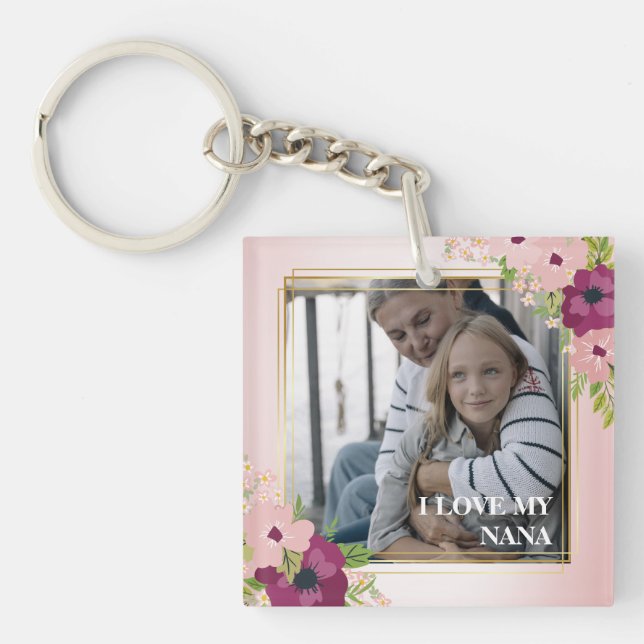 Blush Pink Floral I Love My Nana Photo Keychain (Front)