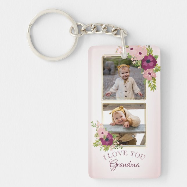 Blush Pink Floral I Love You Grandma Photo Collage Keychain (Front)