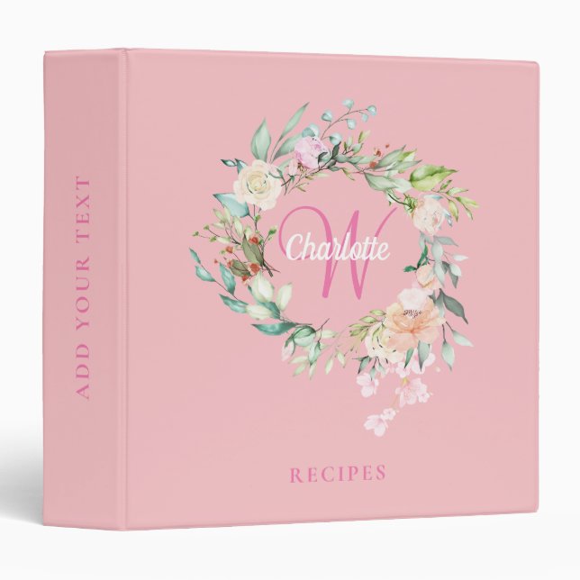 Blush Pink Floral Initial Monogram  Recipe Binder (Front/Spine)