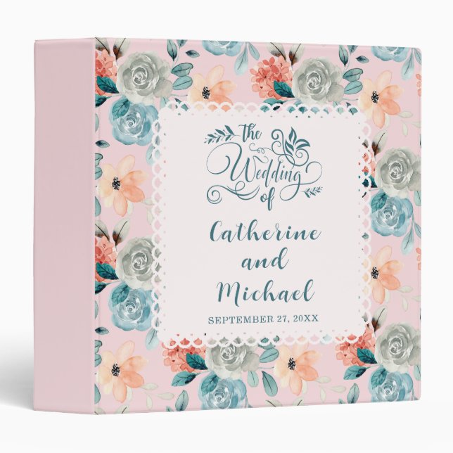 Blush Pink Floral Lace Elegant Wedding Calligraphy Binder (Front/Spine)