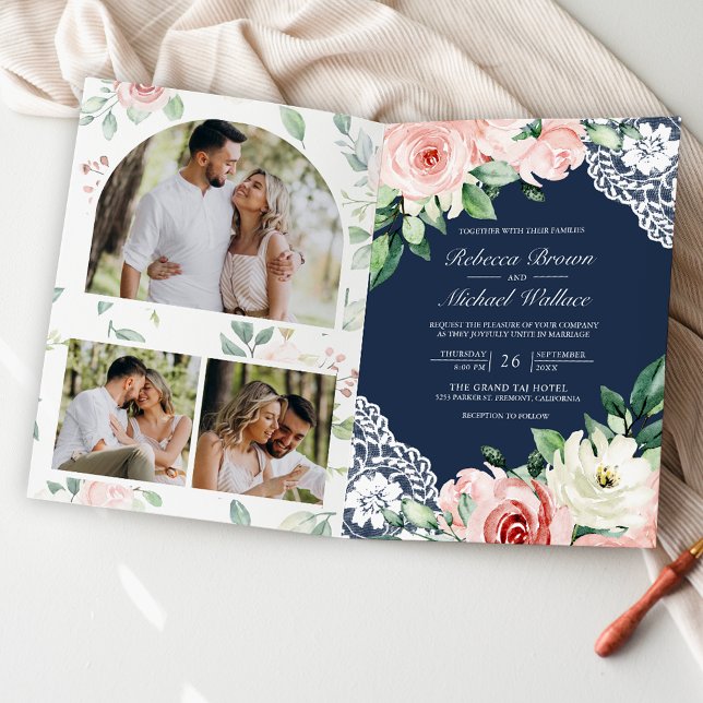 Blush Pink Floral Lace Navy Blue QR Code Wedding Invitation (Creator Uploaded)