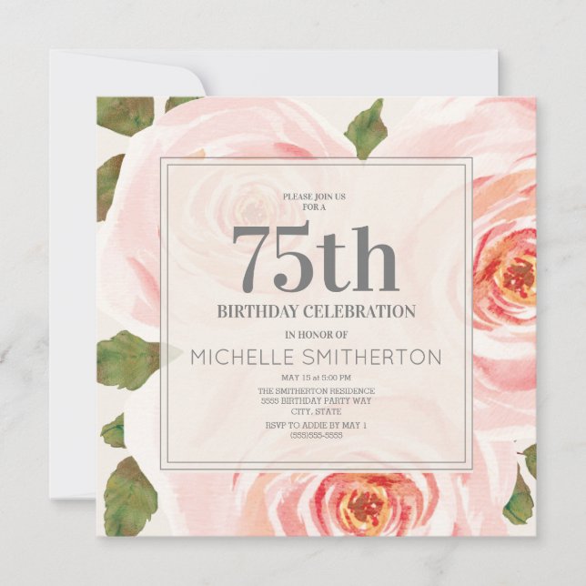 Blush Pink Floral Leaves 75th Birthday Women Invitation (Front)