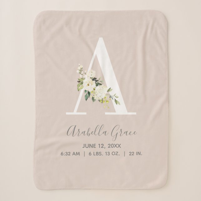 Blush Pink Floral Letter A Baby Script Birth Stats Sherpa Blanket (Front)