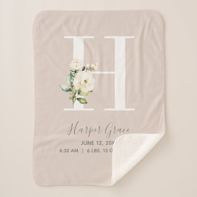 Blush Pink Floral Letter H Baby Script Birth Stats Sherpa Blanket (Front)