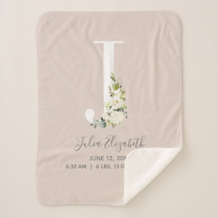 Blush Pink Floral Letter J Baby Script Birth Stats Sherpa Blanket