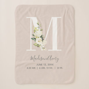 Blush Pink Floral Letter M Baby Script Birth Stats Sherpa Blanket