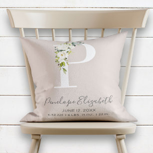 Blush Pink Floral Letter P Baby Script Birth Stats Throw Pillow