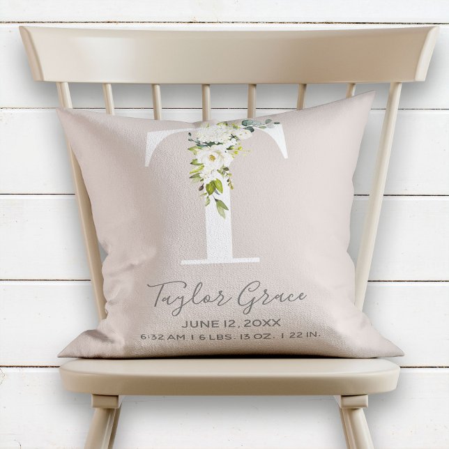 Blush Pink Floral Letter T Baby Script Birth Stats Throw Pillow (Creator Uploaded)