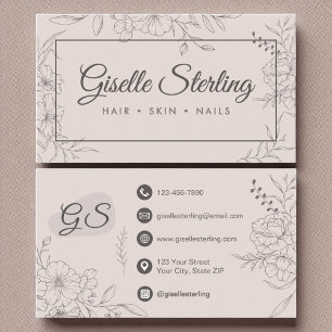 Blush Pink Floral Line Art Elegant Script Business Card