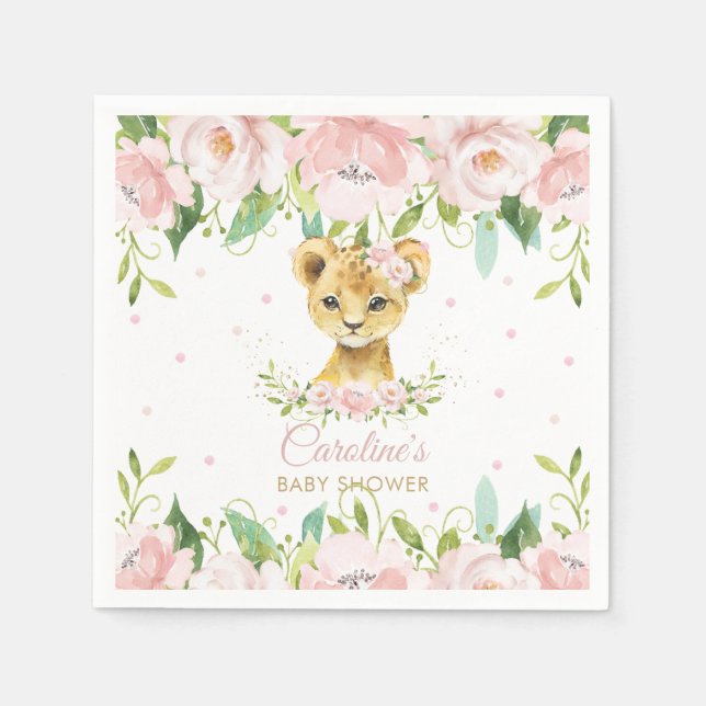 Blush Pink Floral Lion Baby Shower Birthday Napkin (Front)
