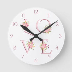 Blush pink floral Love typography Valentines Day Round Clock