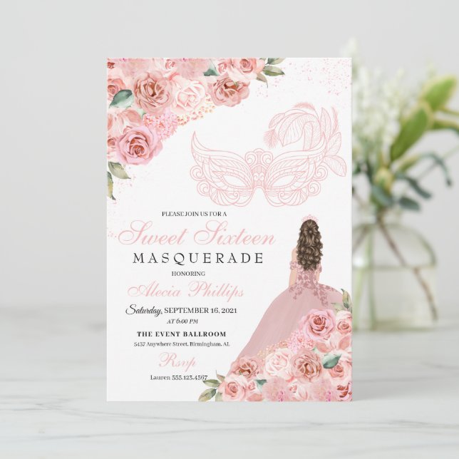 Blush Pink Floral Masquerade Sweet 16 Invitation (Standing Front)