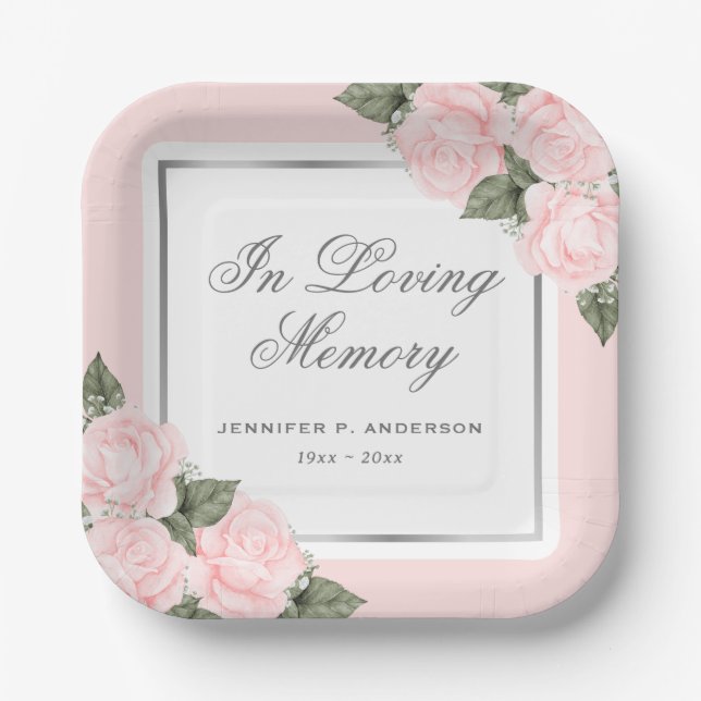 Blush Pink Floral Memorial Funeral Paper Plate (Front)