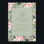 Blush Pink Floral Mint Green 16th Birthday Invitation<br><div class="desc">Beautiful and elegant blush pink and navy blue watercolor floral on mint green 16th birthday party invitation for teen girls Contact us for help with customization or matching products</div>