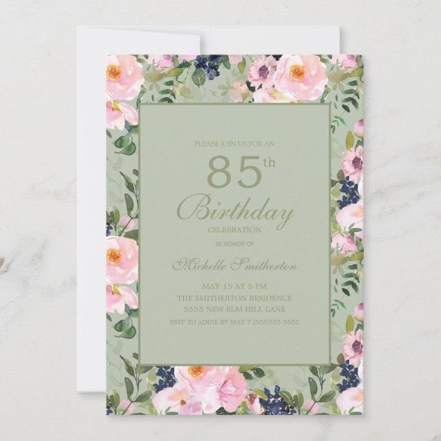 Blush Pink Floral Mint Green 85th Birthday Invitation (Front)