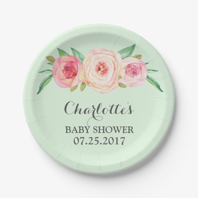 Blush Pink Floral Mint Green Baby Shower Plate (Front)