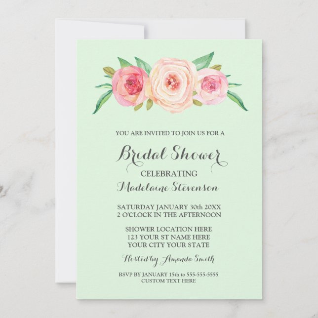 Blush Pink Floral Mint Green Bridal Shower Invitation (Back)