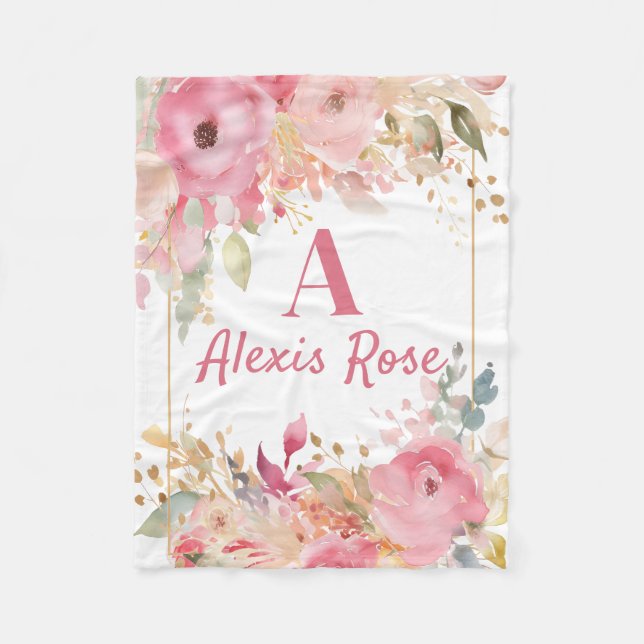 Blush Pink Floral Monogram Baby Girl Blanket  (Front)