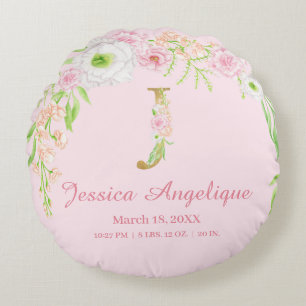 Blush Pink Floral Monogram Baby Stats Round Pillow