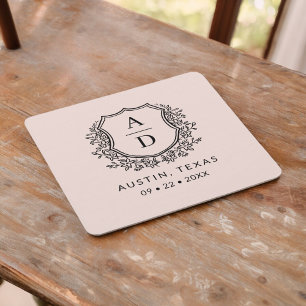 Blush Pink Floral Monogram Wedding Crest Modern Square Paper Coaster
