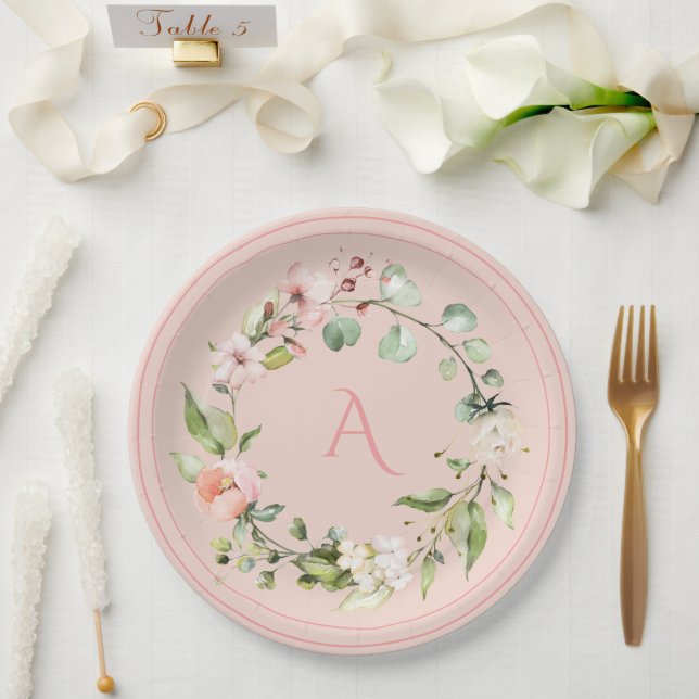 Blush Pink Floral Monogram Wedding Elegant Paper P Paper Plate (Wedding)