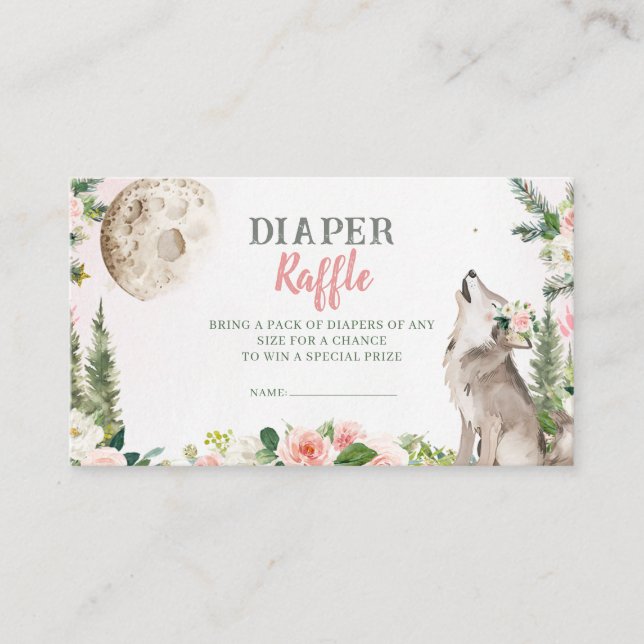 Blush Pink Floral Moon Forest Wolf Diaper Raffle Enclosure Card (Front)