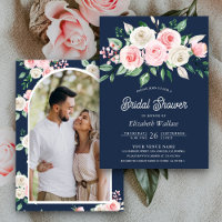 Blush Pink Floral Navy Blue Photo Bridal Shower