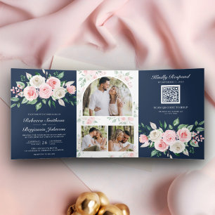 Blush Pink Floral Navy Blue QR Code Wedding Tri-Fold Invitation