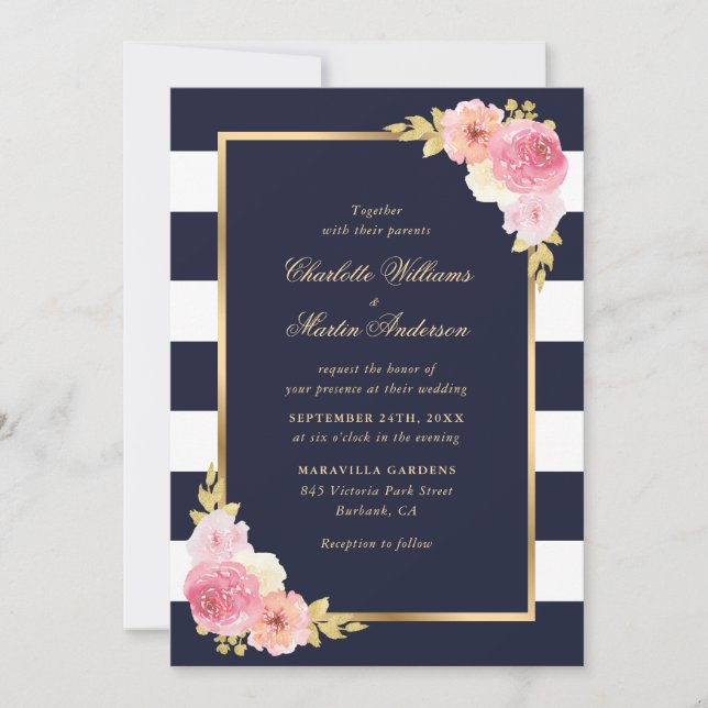 Blush Pink Floral Navy Blue White Striped Wedding Invitation (Front)