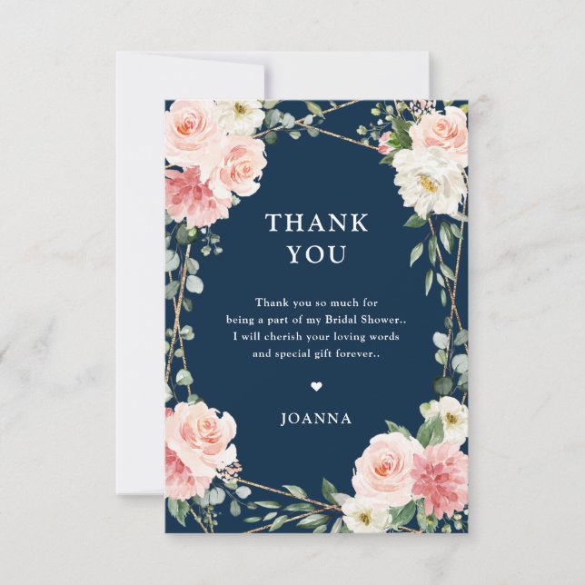 Blush Pink Floral Navy Geometric Botanical Wedding Thank You Card (Front)