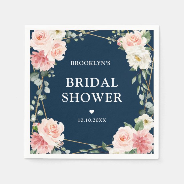Blush Pink Floral Navy Geometric  Bridal Shower    Napkin (Front)