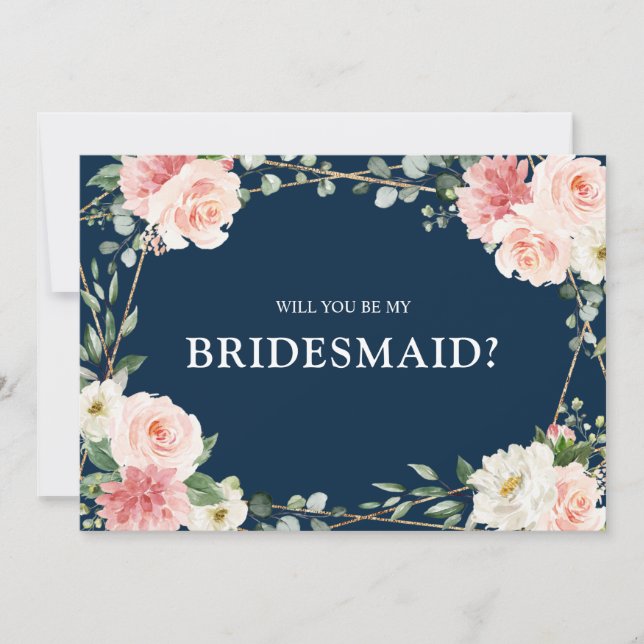 Blush Pink Floral Navy Will You Be my bridesmaid   Invitation (Front)