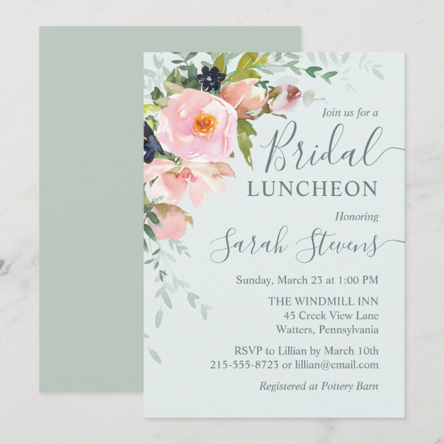 Blush Pink Floral on Light Blue Bridal Luncheon Invitation (Front/Back)