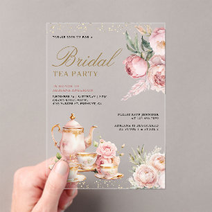 Blush Pink Floral Pampas Tea Party Bridal Shower Acrylic Invitations