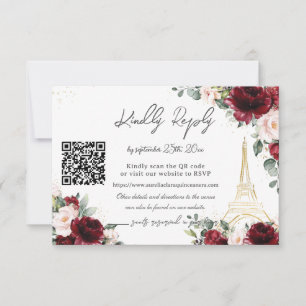Blush Pink Floral Paris Eiffel Quinceañera QR  RSVP Card