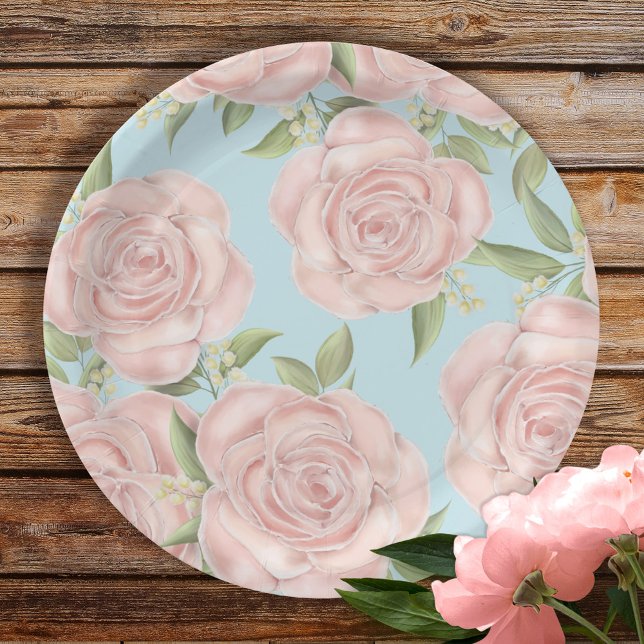 Blush Pink Floral Pattern Simple Party Paper Plate (Creator Uploaded)