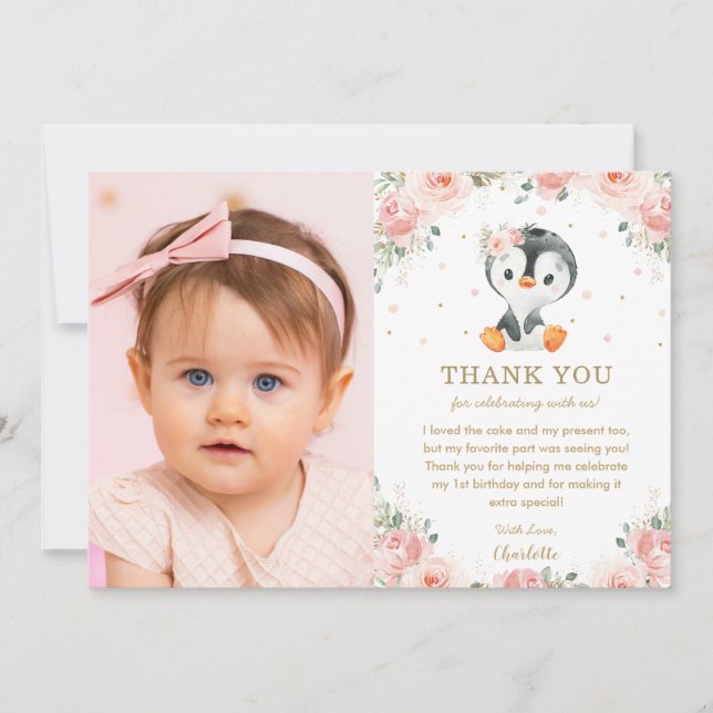 Blush Pink Floral Penguin 1st Birthday Photo Thank You Card (Front)