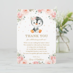 Blush Pink Floral Penguin Baby Shower Birthday Thank You Card