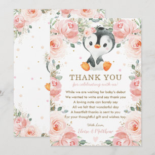 Blush Pink Floral Penguin Baby Shower Birthday Thank You Card