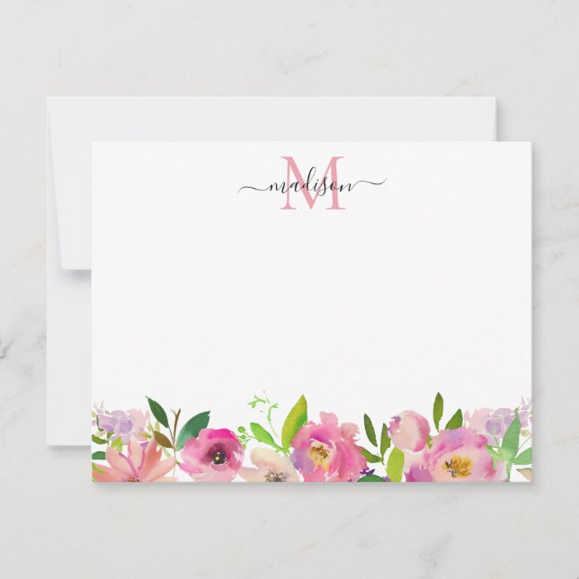 Blush Pink Floral Peony Pastel Feminine Monogram Card (Front)