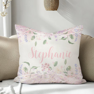 Blush Pink Floral Personalized Name Throw Pillow
