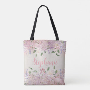 Blush Pink Floral Personalized Name Tote Bag